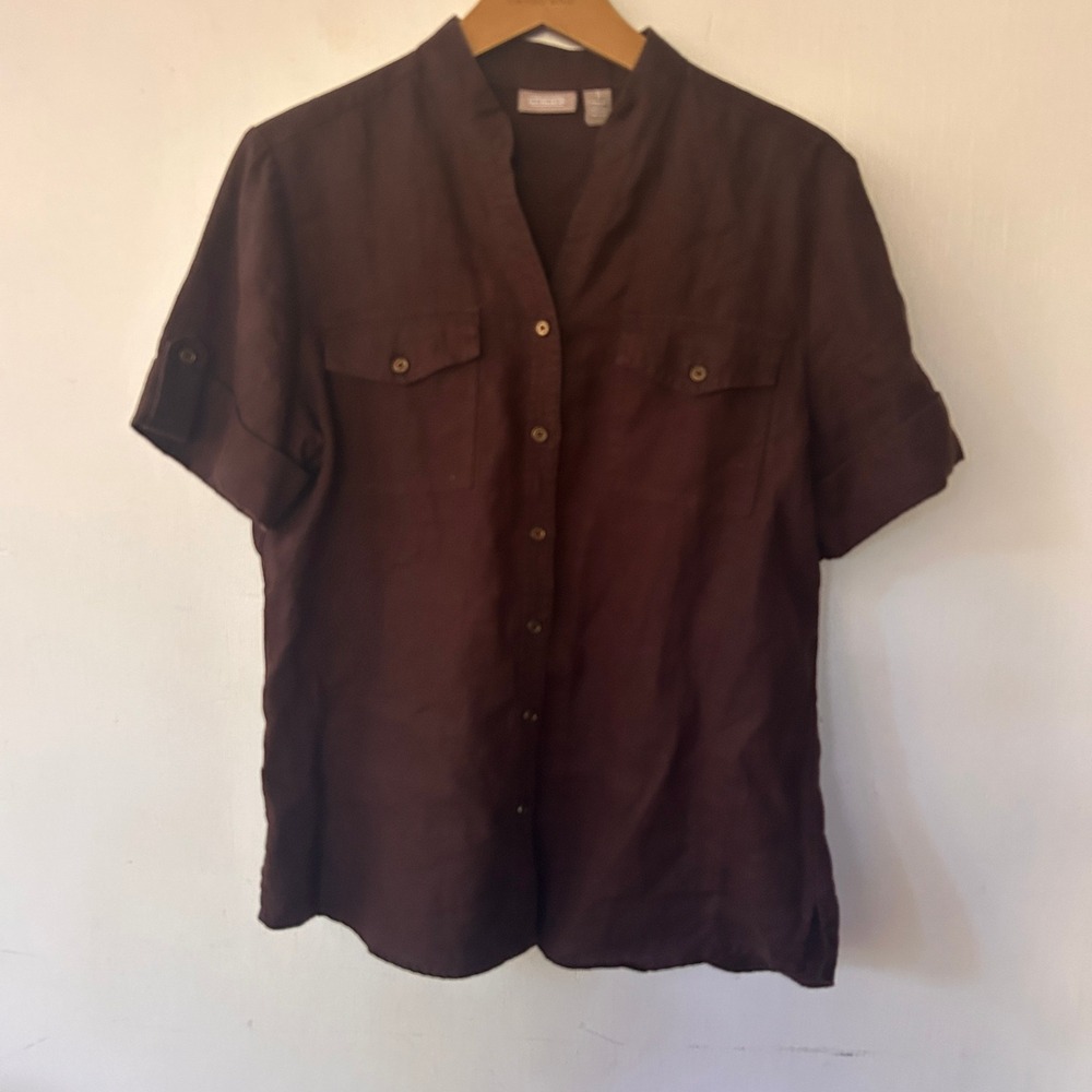 Chicos Short Sleeve Button Down Womens Medium Brown 100% Linen Utility Neutral